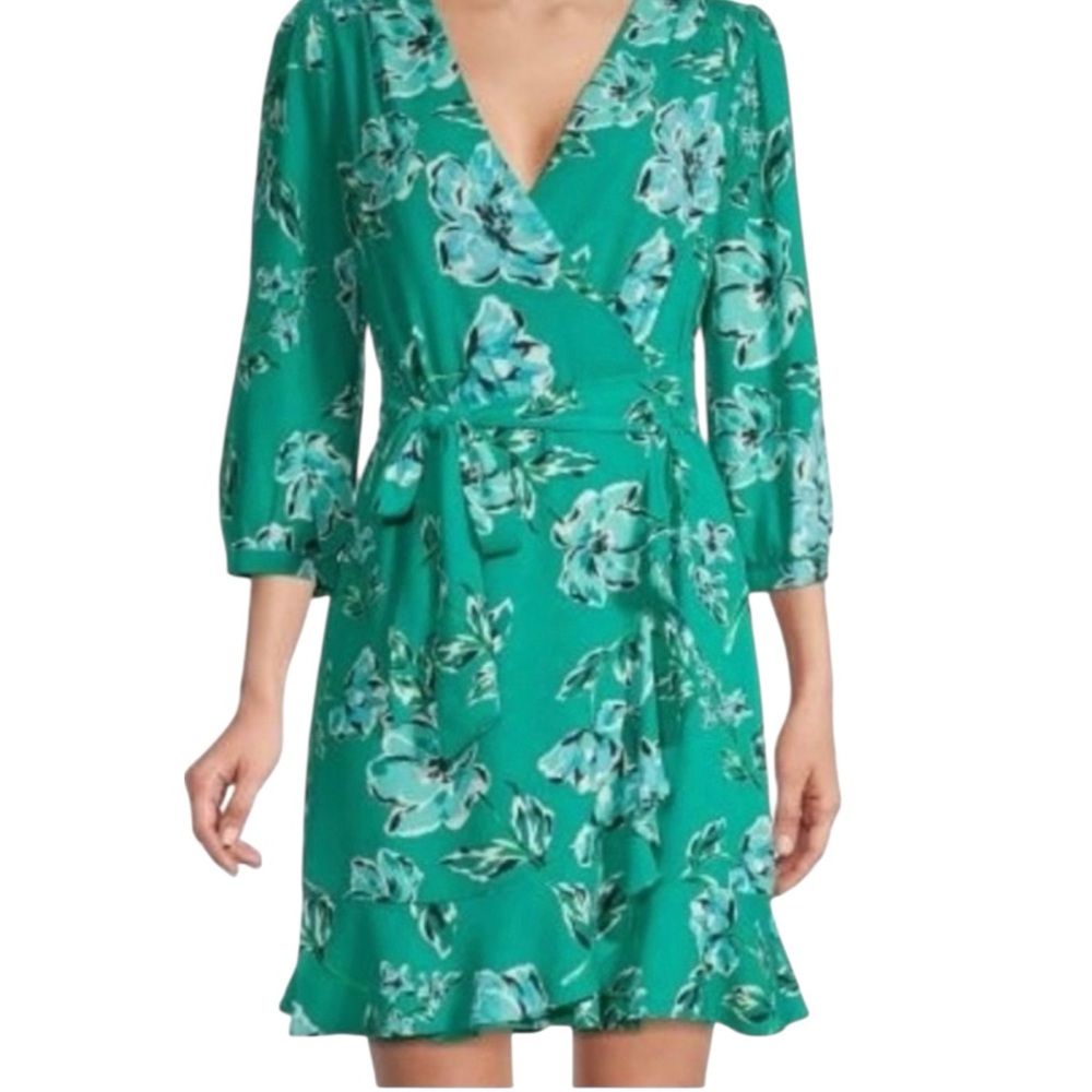 Karl Lagerfeld Paris 10 Green Floral Faux Wrap Dress 3/4 Sleeve Ruffle Hem